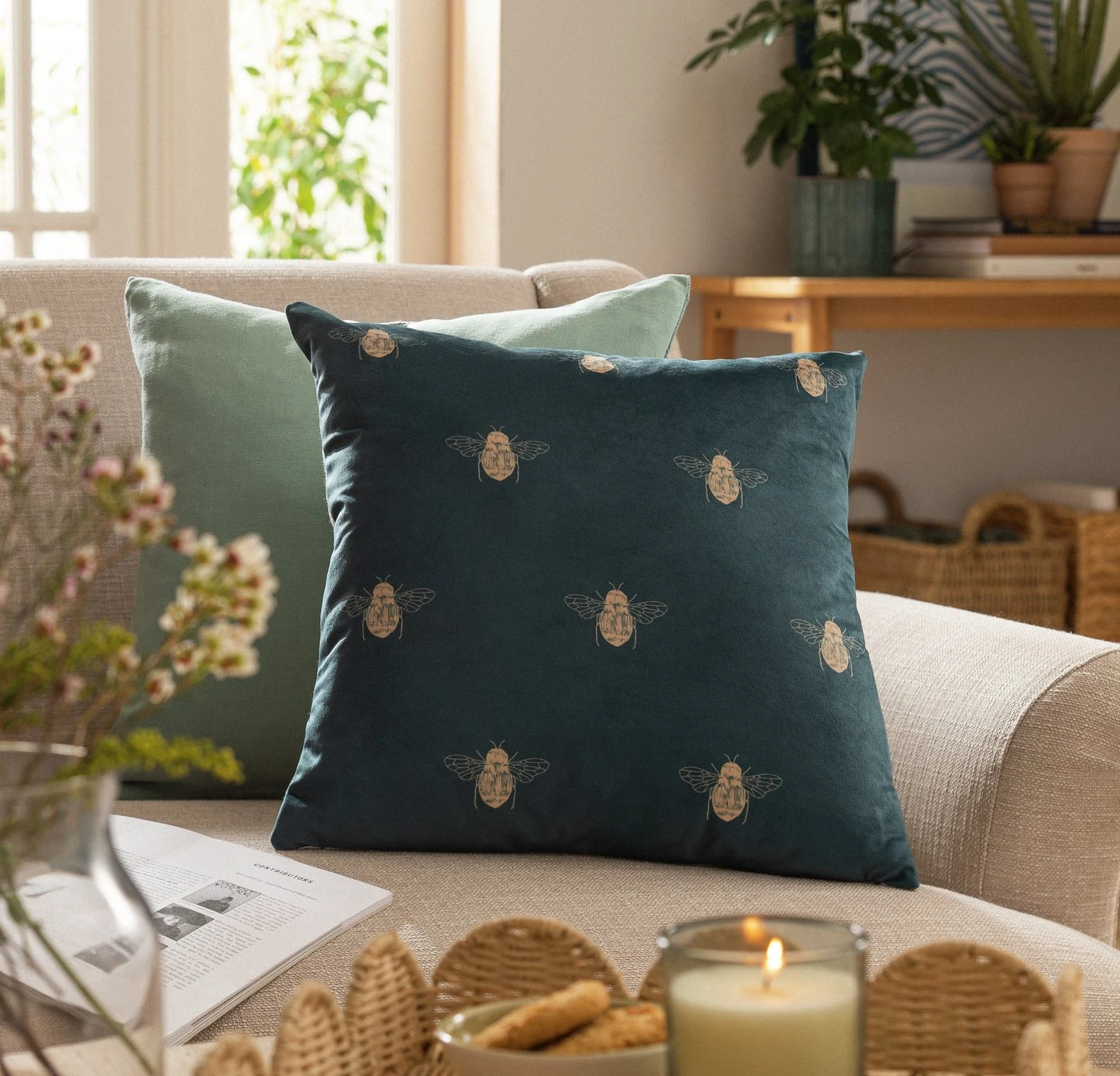 Habitat Gold Bee Printed Cushion - Teal - 43x43cm - Image 2