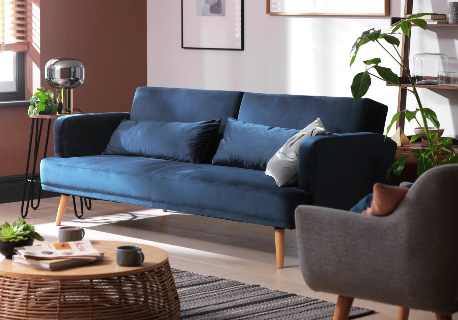 Habitat Andy 3 Seater Velvet Clic Clac Sofa Bed - Blue - Image 2