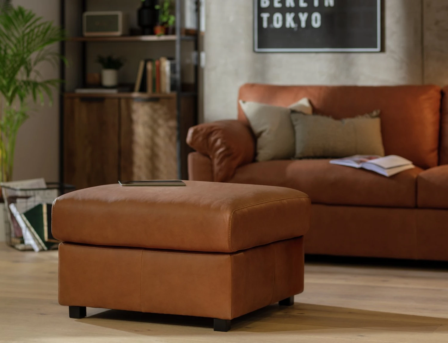 Habitat Florence Leather Ottoman Footstool - Tan - Image 2